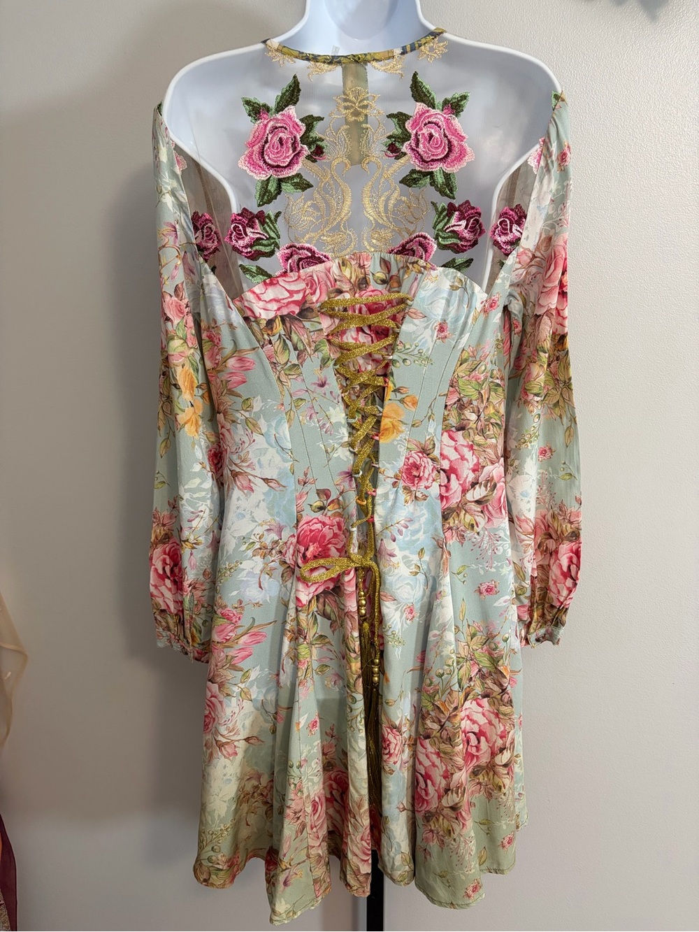 NWOT Aratta Silent Journey-Floral Long Sleeve Dress With Mesh and Lace-Up Back
